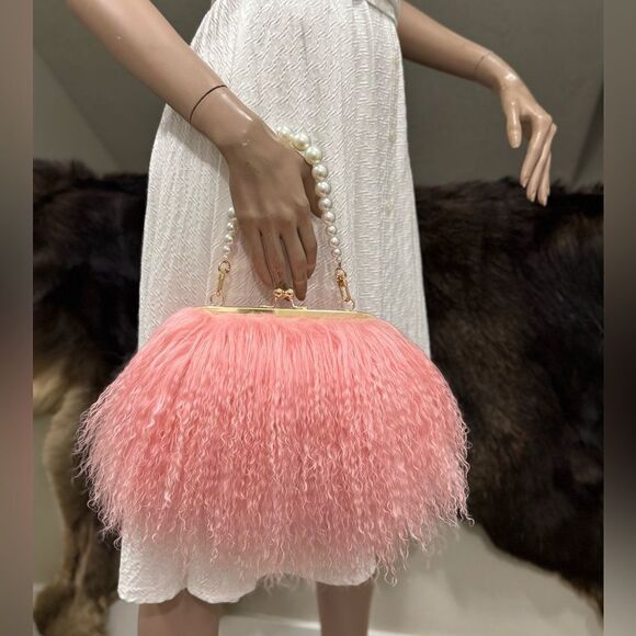 Pink Real Mongolian Lamb Fur Handmade Kisslock Wristlet/Shoulder Bag/Crossbody - Picture 3 of 16